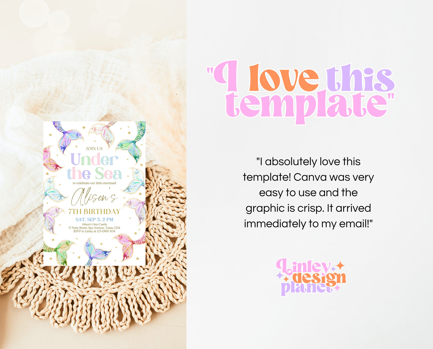 Editable Mermaid Birthday Invitation, Under the Sea Birthday Invitation, Birthday Template, Rainbow Pastel Glitter Mermaid Invite, GBP13