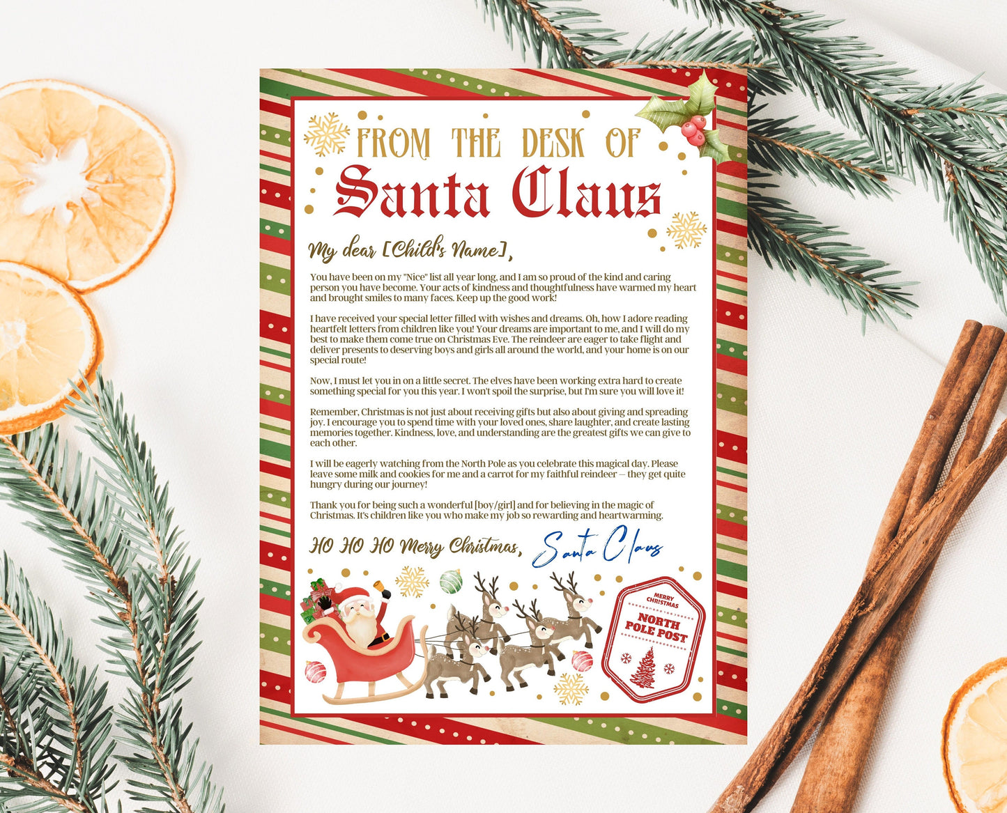 Personalized Letter from Santa Claus, From The Desk of Santa Letter Template, Christmas Eve North Pole Mail, Printable Letter From Santa