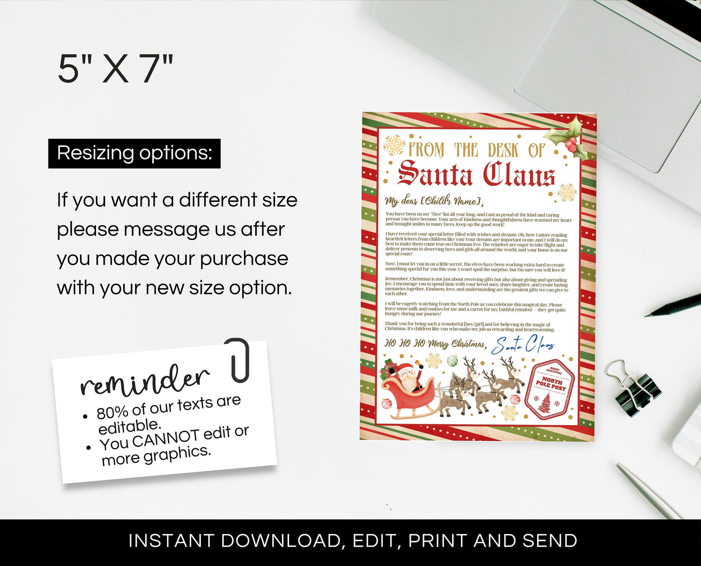 Personalized Letter from Santa Claus, From The Desk of Santa Letter Template, Christmas Eve North Pole Mail, Printable Letter From Santa