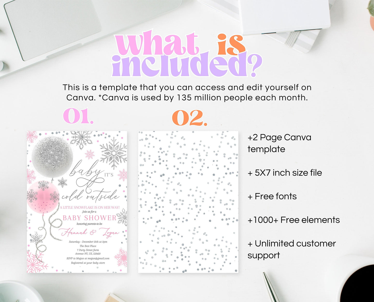 Editable Christmas Pink Balloons Baby Shower Invitation, Winter Baby Shower Invite, Girl Blush Pink Invite, Baby It's Cold Outside Invite