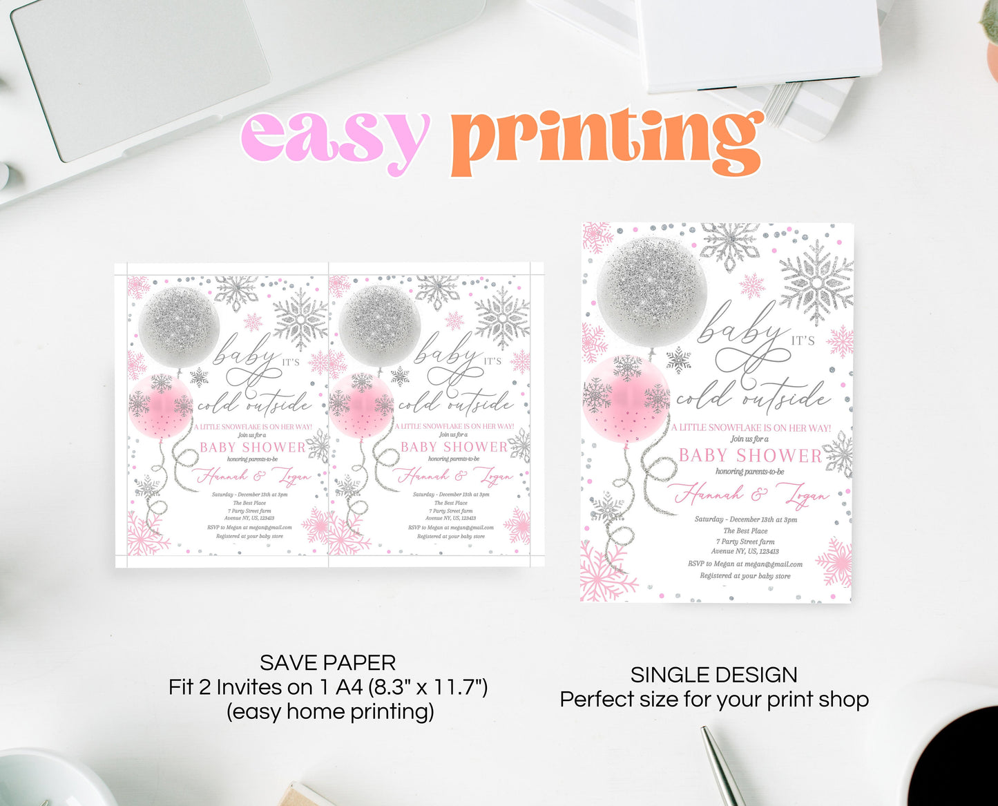 Editable Christmas Pink Balloons Baby Shower Invitation, Winter Baby Shower Invite, Girl Blush Pink Invite, Baby It's Cold Outside Invite