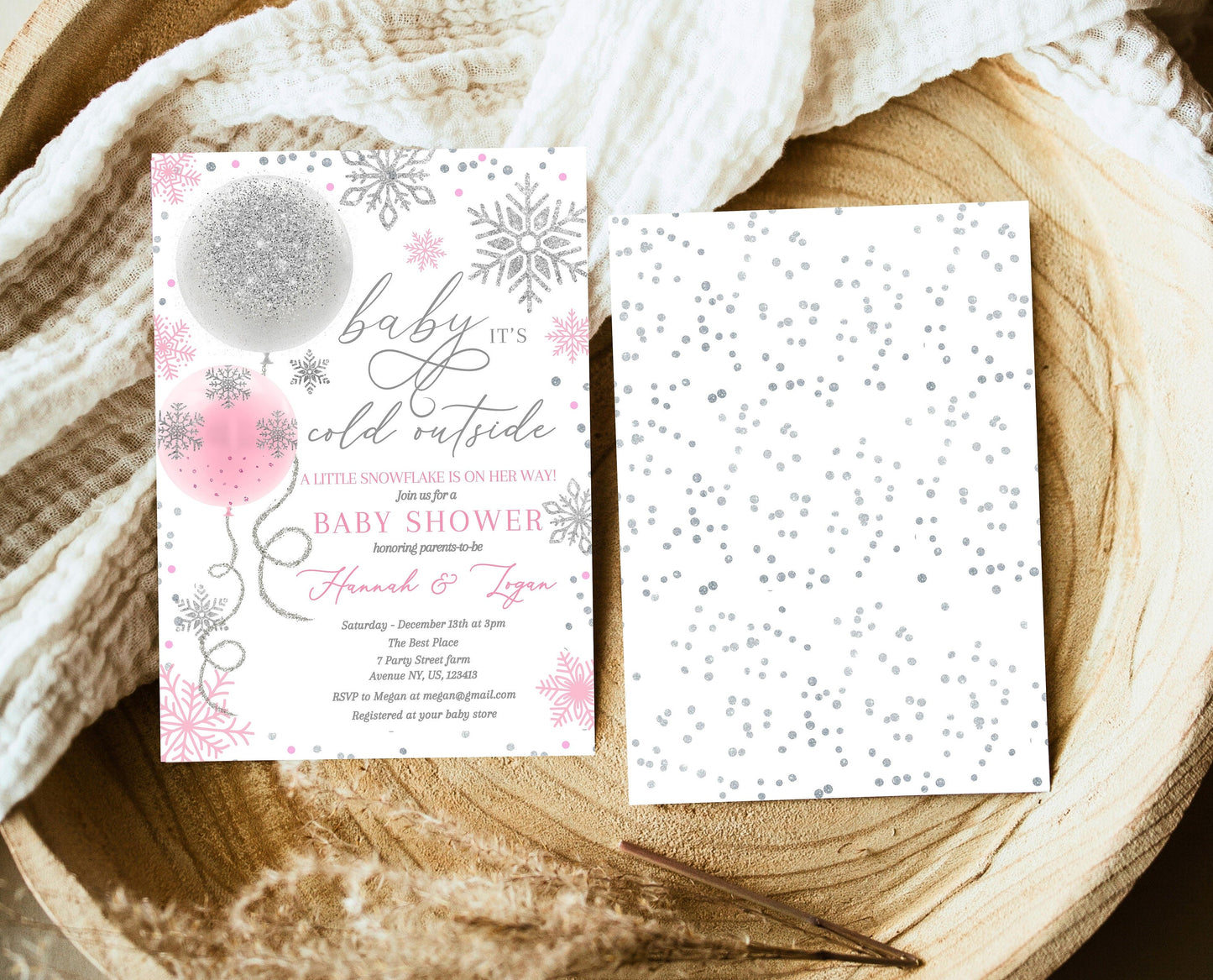 Editable Christmas Pink Balloons Baby Shower Invitation, Winter Baby Shower Invite, Girl Blush Pink Invite, Baby It's Cold Outside Invite
