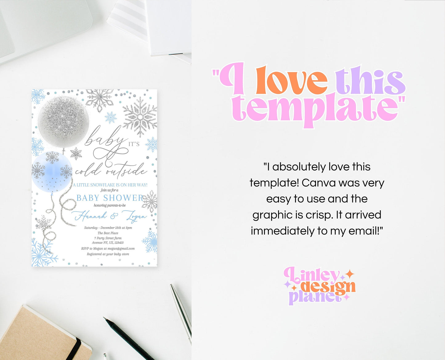 Editable Christmas Blue Balloons Baby Shower Invitation, Winter Baby Shower Invite, Boy Baby Shower Invite, Baby It's Cold Outside Invite