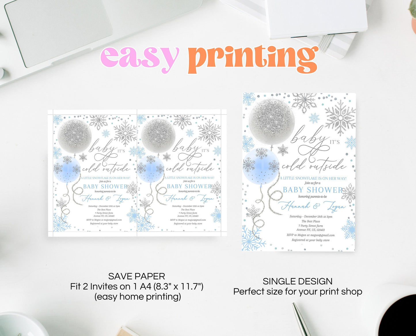 Editable Christmas Blue Balloons Baby Shower Invitation, Winter Baby Shower Invite, Boy Baby Shower Invite, Baby It's Cold Outside Invite