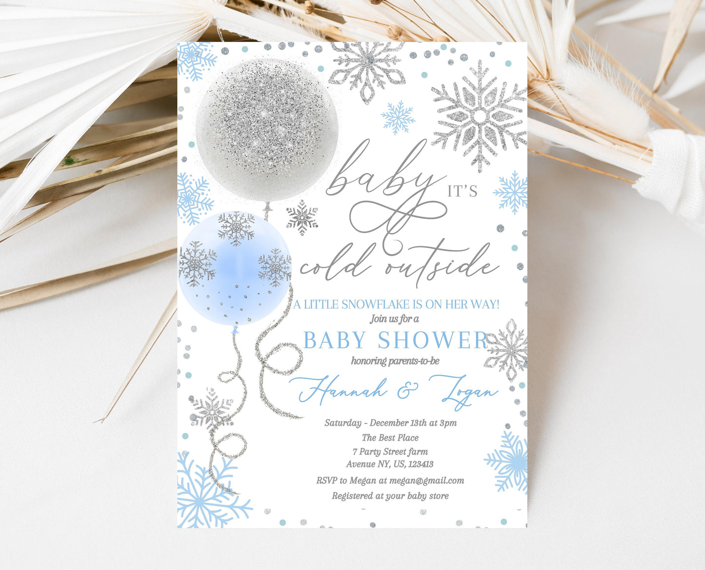 Editable Christmas Blue Balloons Baby Shower Invitation, Winter Baby Shower Invite, Boy Baby Shower Invite, Baby It's Cold Outside Invite