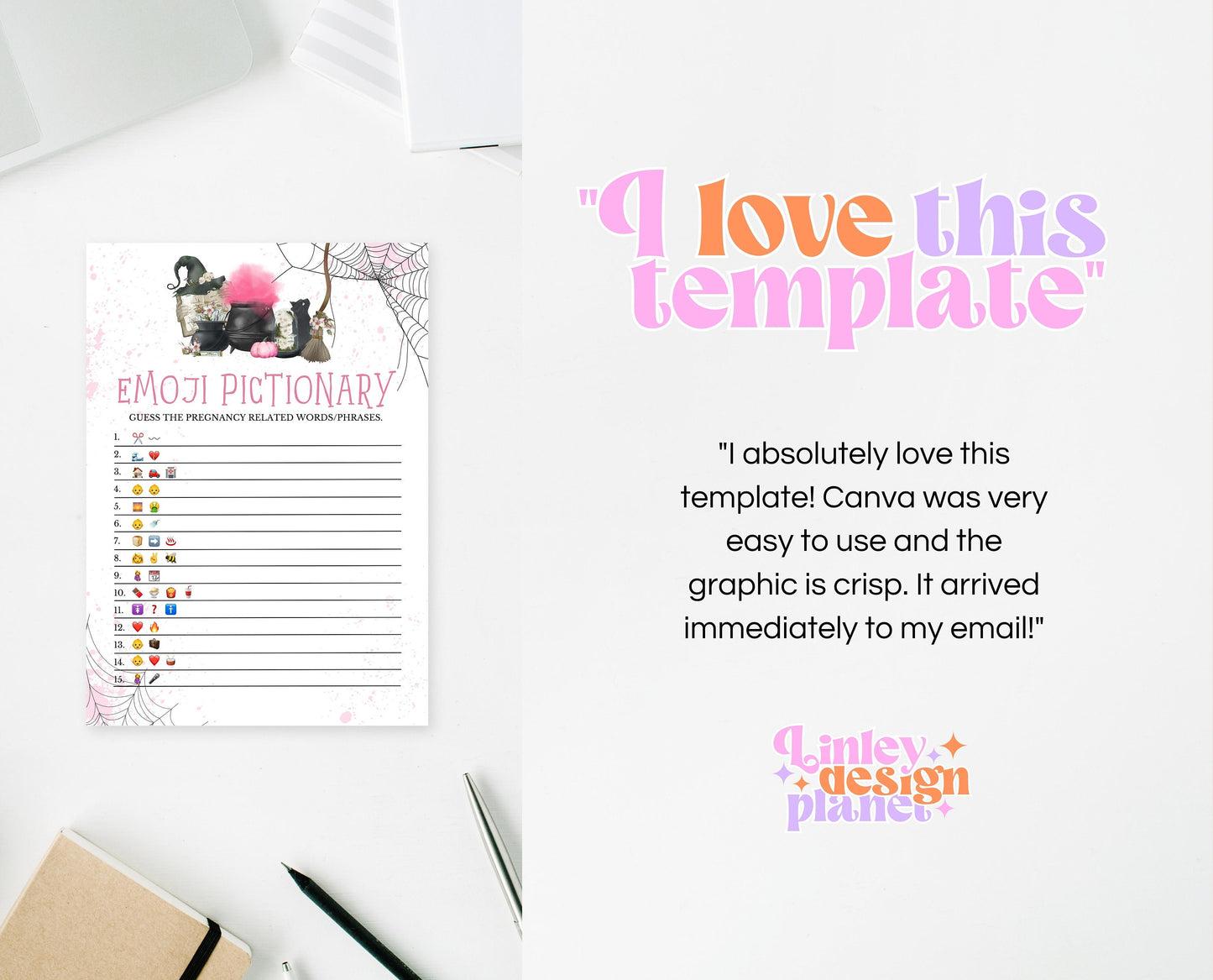 Pink Witch Baby Shower Emoji Pictionary Game, Printable Witch Baby Shower Game, Editable A Baby Girl Is Brewing Emoji Pictionary Game