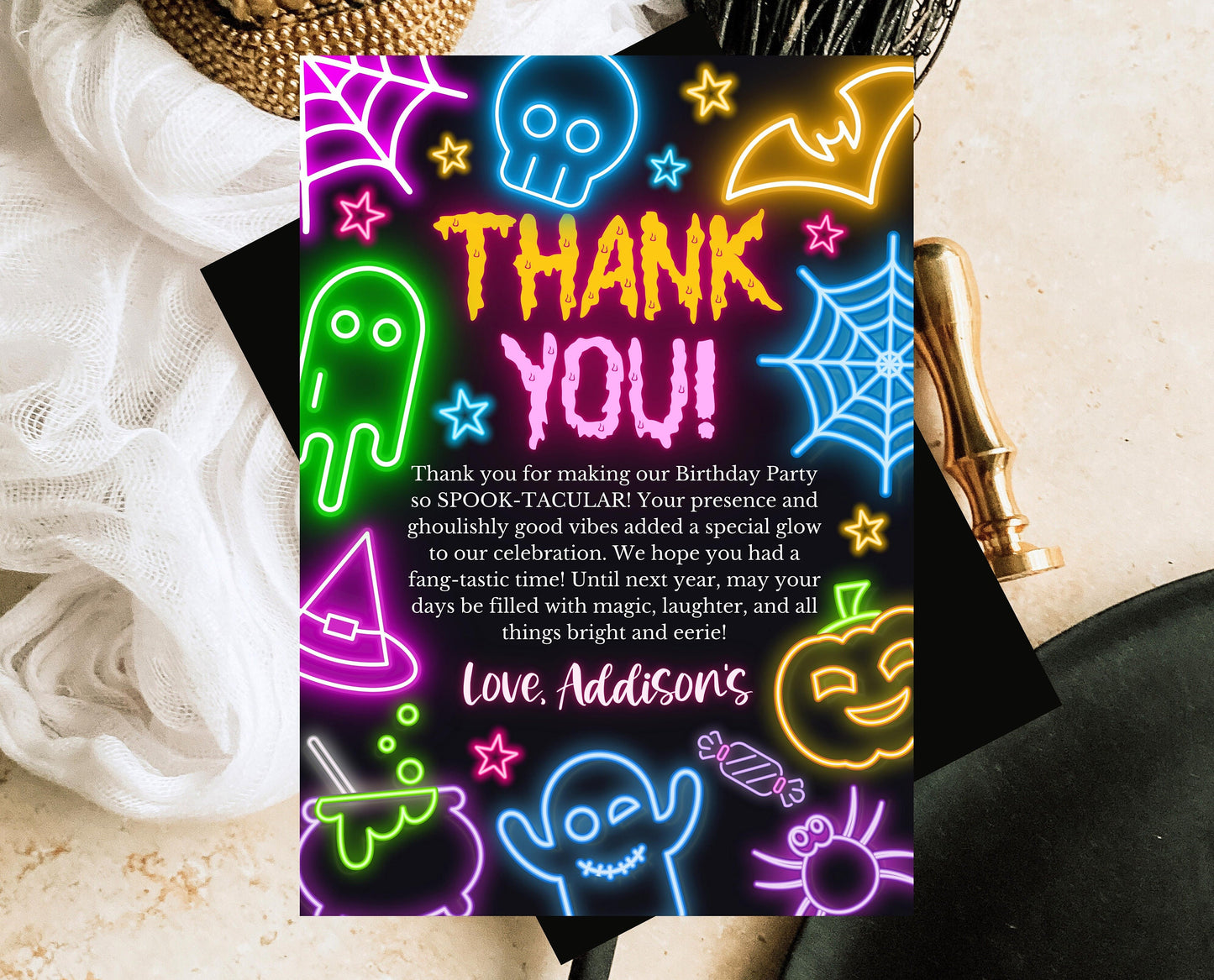 Neon Halloween Birthday Thank You Card Template, Spooky Halloween Favors, Printable Neon Halloween Birthday Decor, Neon Halloween, NHBP01