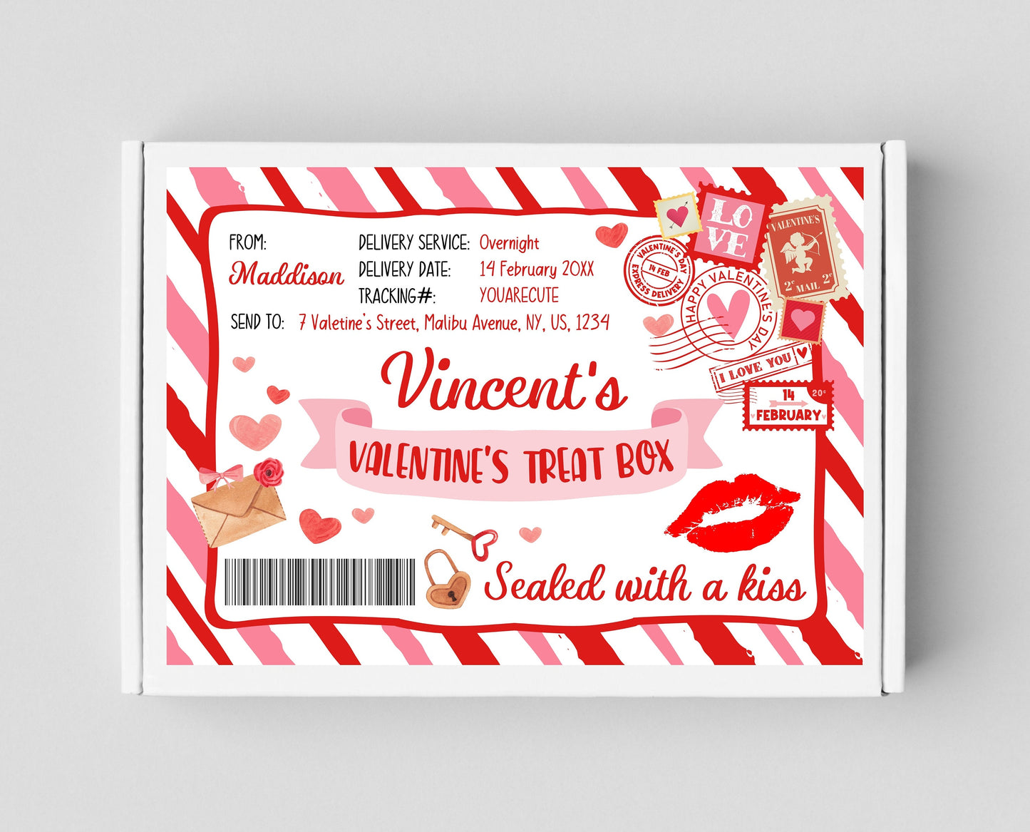 Editable Valentines Day Gift Box Label, Personalized Valentine Treat Box Label, Valentines Gift Label Printable Template