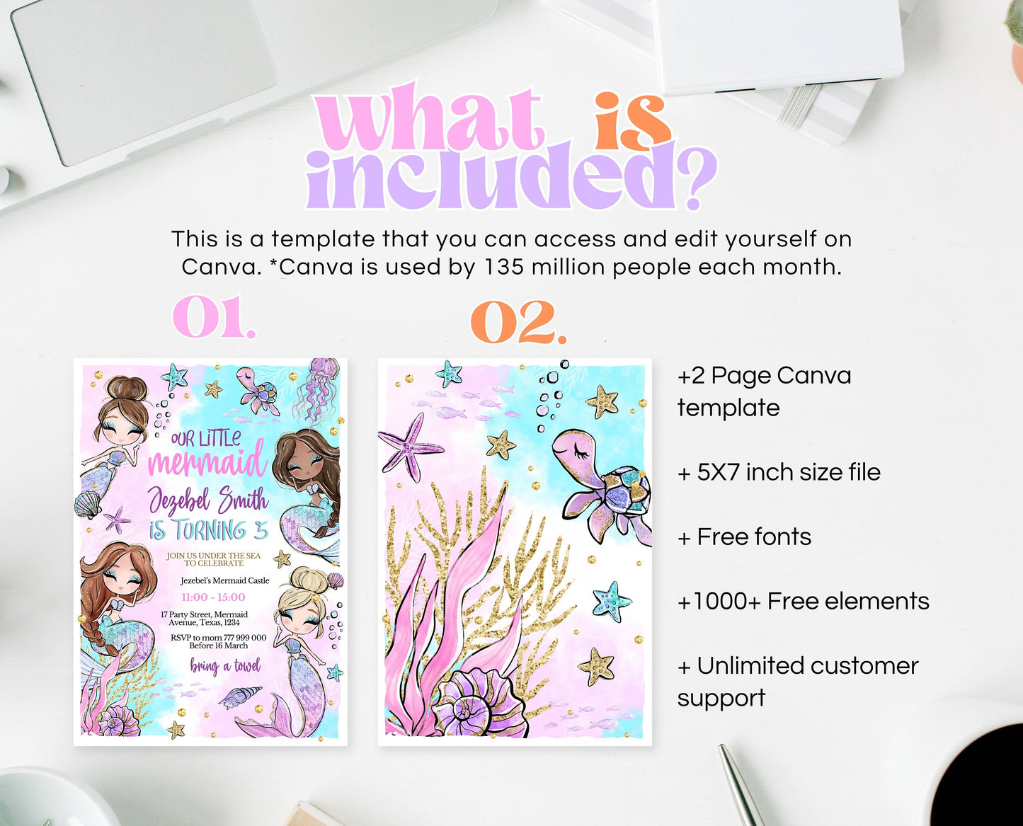 Editable Mermaid Birthday Invitation, Pink Mermaid Invite, Under the Sea Birthday Invitation, Printable Mermaid Invite, Mermaid Invite