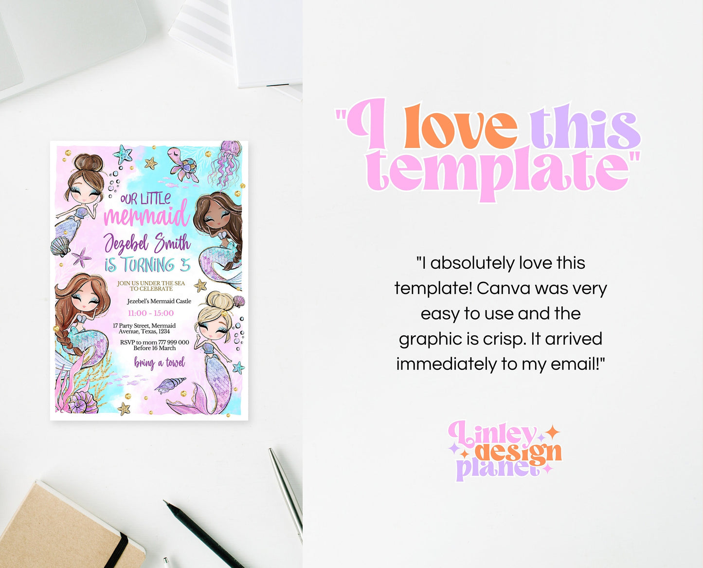 Editable Mermaid Birthday Invitation, Pink Mermaid Invite, Under the Sea Birthday Invitation, Printable Mermaid Invite, Mermaid Invite