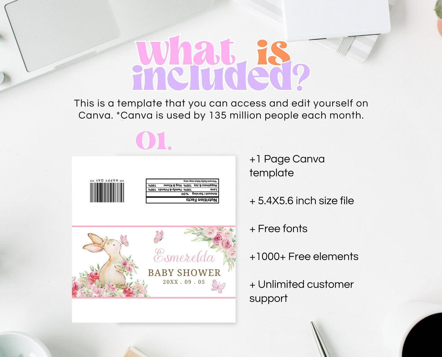 Editable A Little Bunny Baby Shower Chocolate Wrapper, Floral Rabbit Baby Shower Favors, Girl Bunny Shower Theme, Bunny Roses Theme
