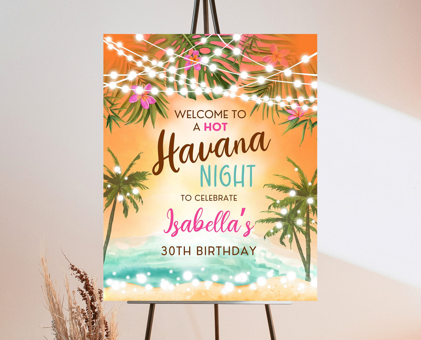 Editable Havana Beach Birthday Welcome Sign, Tropical Adult Birthday Welcome Sign, Tropical Sunset Welcome Banner, Printable, Template ABC01