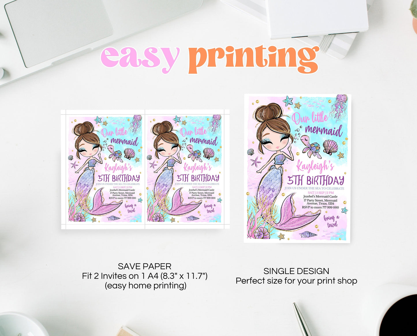 Editable Mermaid Birthday Invitation, Pink Mermaid Invite, Under the Sea Birthday Invitation, Printable Mermaid Invite, Mermaid Invite