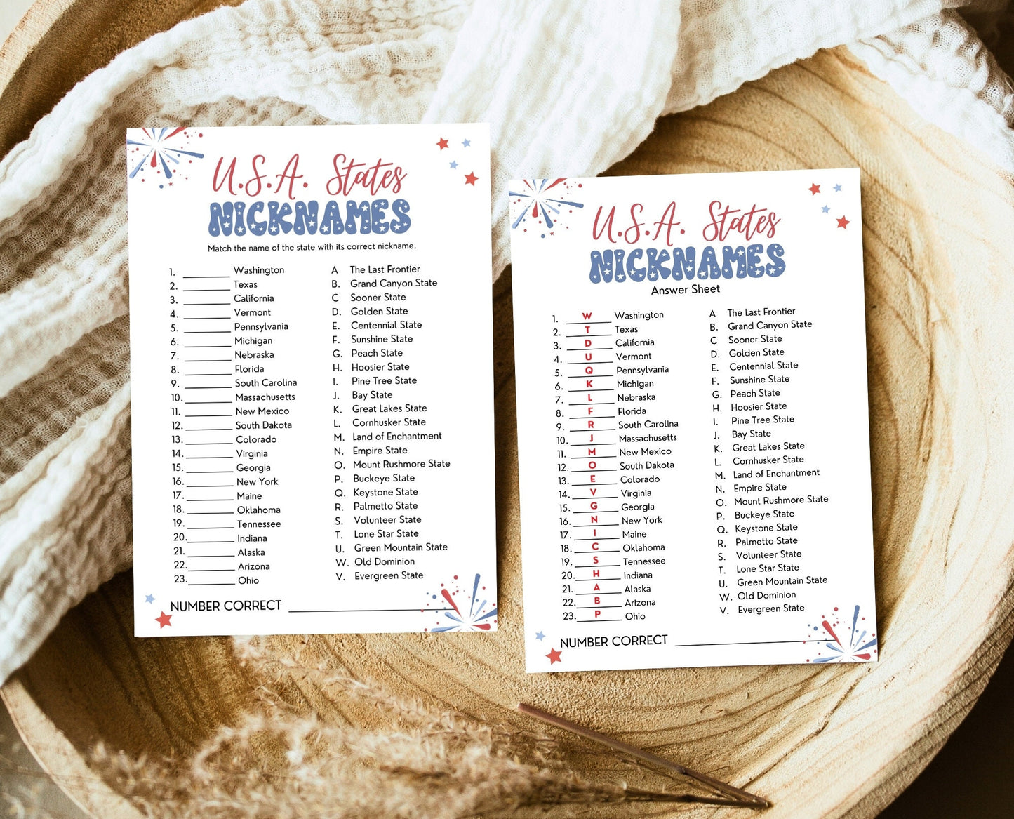 Printable 4th of July USA States Nicknames Game, July 4th Games, Independence Day Games, Patriotic Games, 4th of July Party Games, Editable