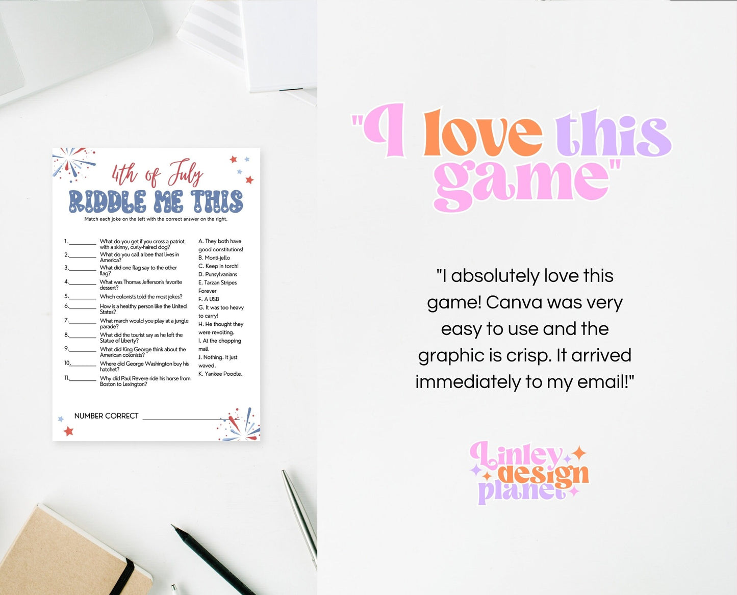 Printable 4th of July Riddle Me This Game, July 4th Games, Independence Day Games, Patriotic Games, 4th of July Party Games