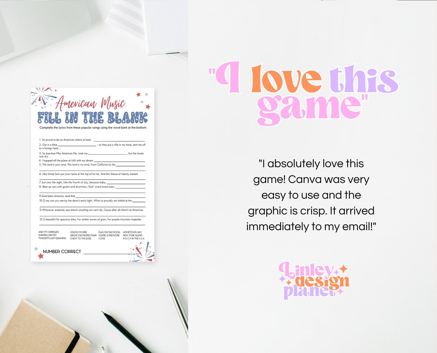 Printable 4th of July American Music Game, July 4th Games, Independence Day Games, Patriotic Games, 4th of July Party Games