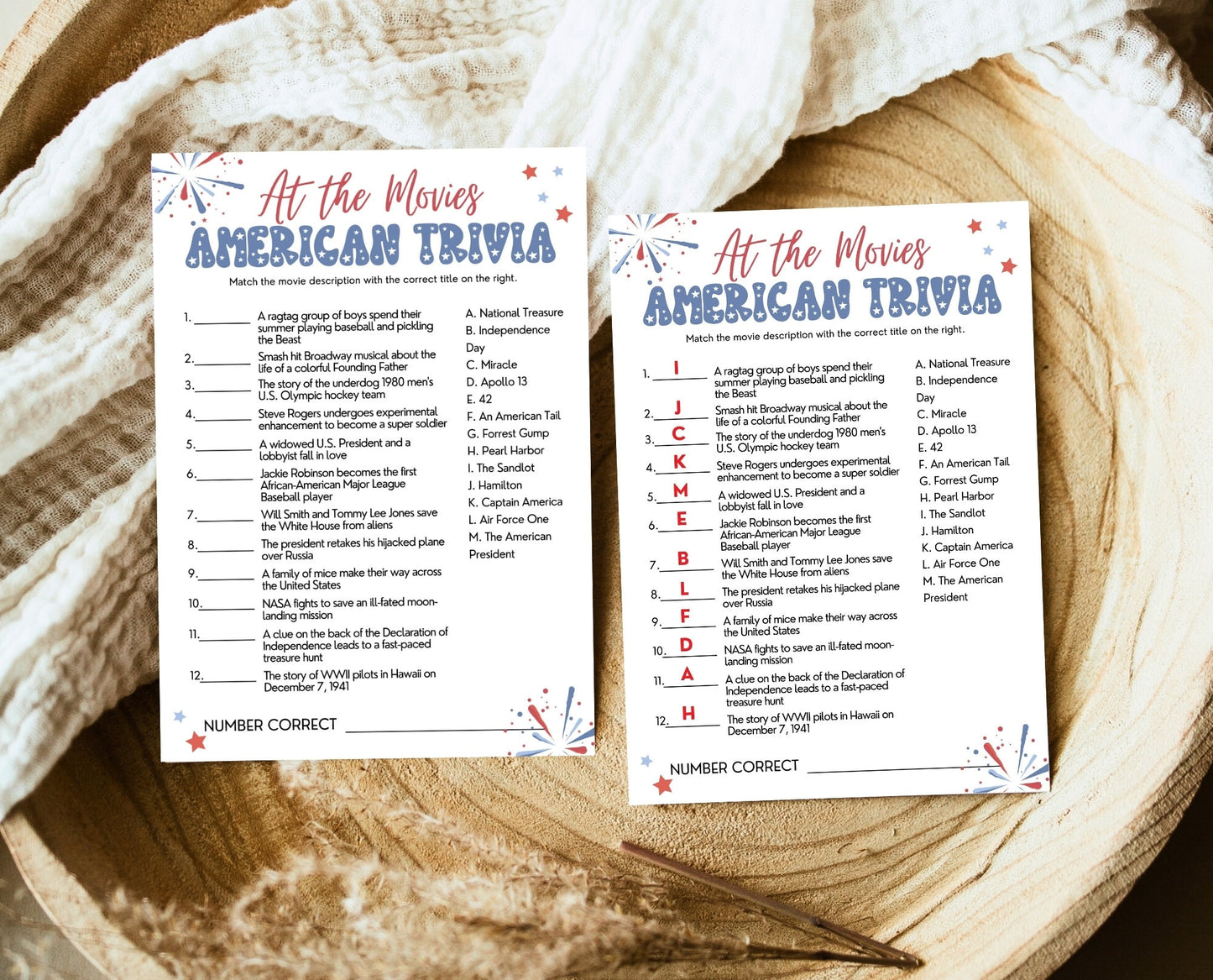 Printable 4th of July At The Movies Game, July 4th Games, Independence Day Games, Patriotic Games, 4th of July Party Games