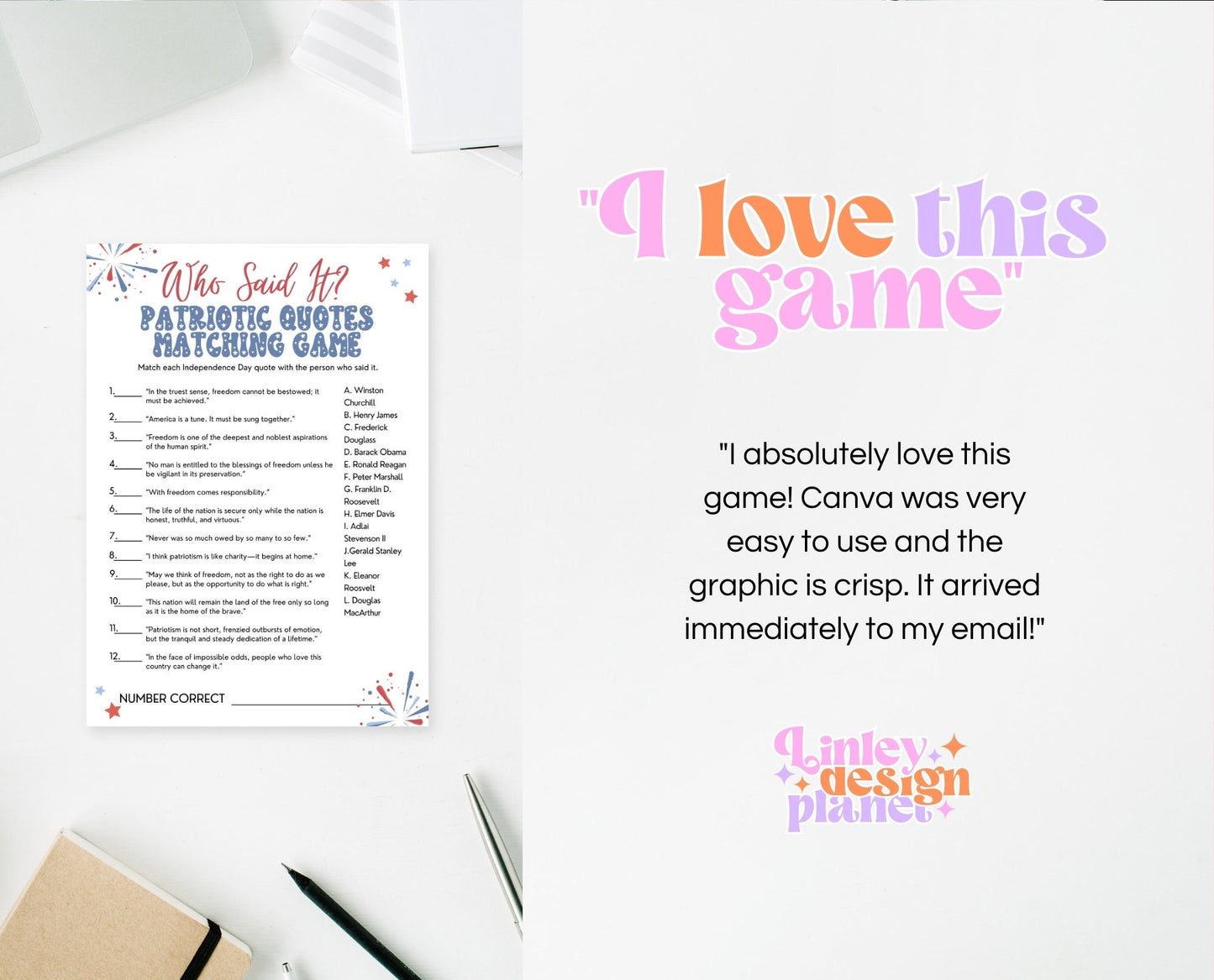Printable 4th of July Patriotic Quotes Matching Game, July 4th Games, Independence Day Games, Patriotic Games, 4th of July Party Games