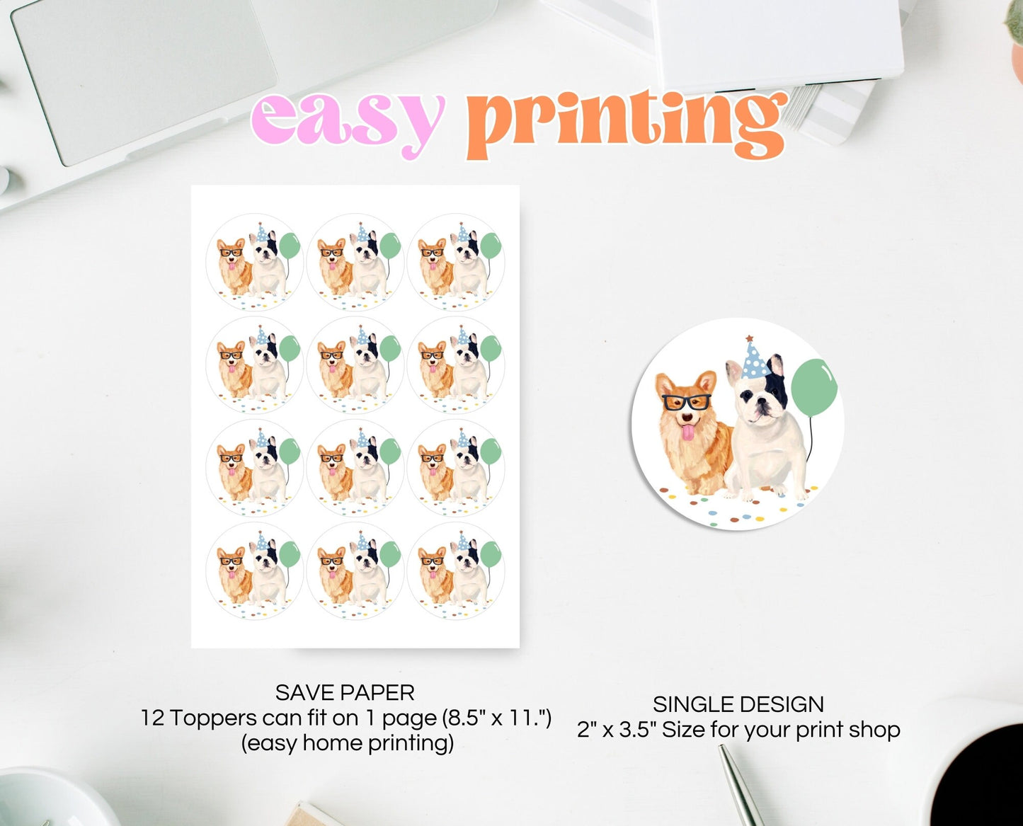 Editable Boy Dog Birthday Party Cupcake Toppers Printable, Puppies Birthday Cupcake toppers, Printable Animal Birthday Cake Toppers, BDBP01
