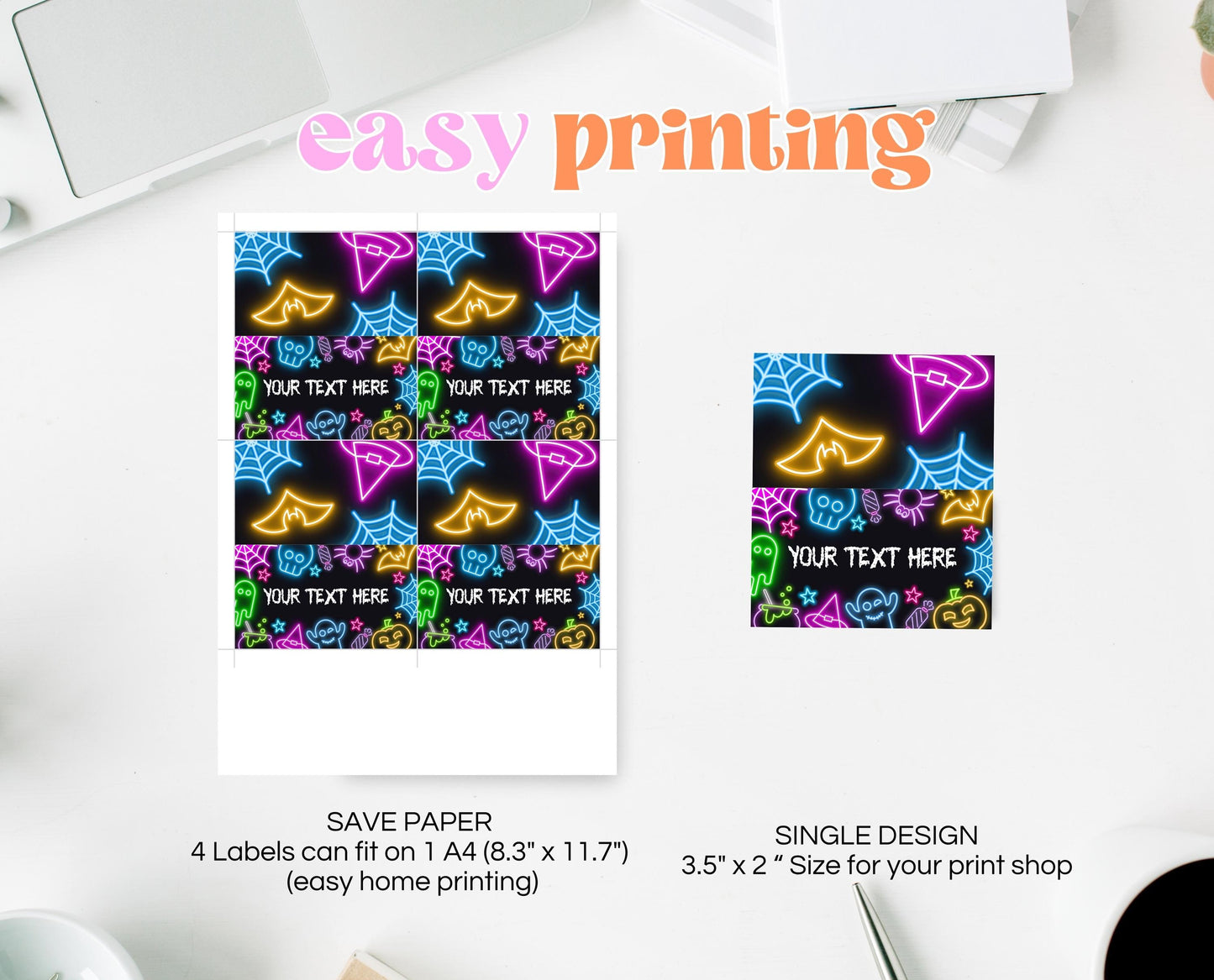 Neon Halloween Party Food Labels Template, Halloween Party Name Cards, Printable Neon Halloween Birthday Decor, Neon Halloween, NHBP01