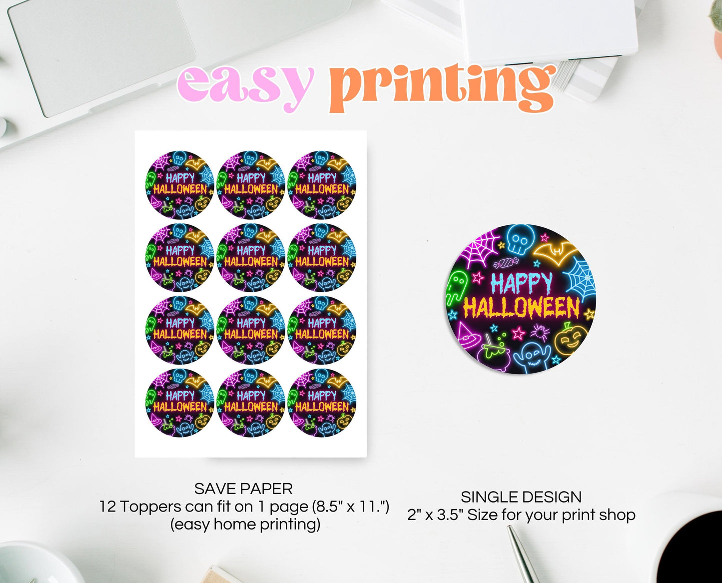 Neon Halloween Birthday Cupcake Toppers, Spooky Halloween Party Cake Topper, Printable Neon Halloween Cake Topper, Neon Halloween, NHBP01