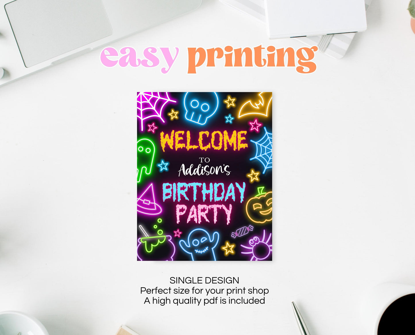 Neon Halloween Party Welcome Sign Template, Spooky Halloween Party Signs, Printable Neon Halloween Birthday Decor, Neon Halloween, NHBP01