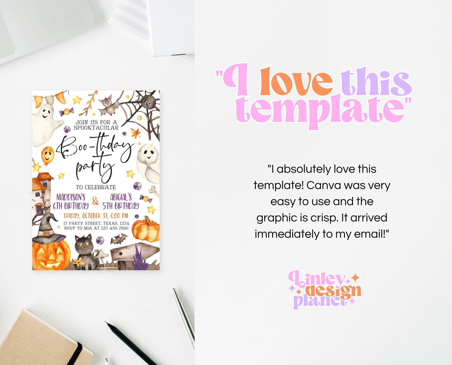 Editable Halloween Joint Birthday Invitation, Spooky Halloween Twin Birthday Party Invite, Halloween Brother And Sister Birthday Invitation
