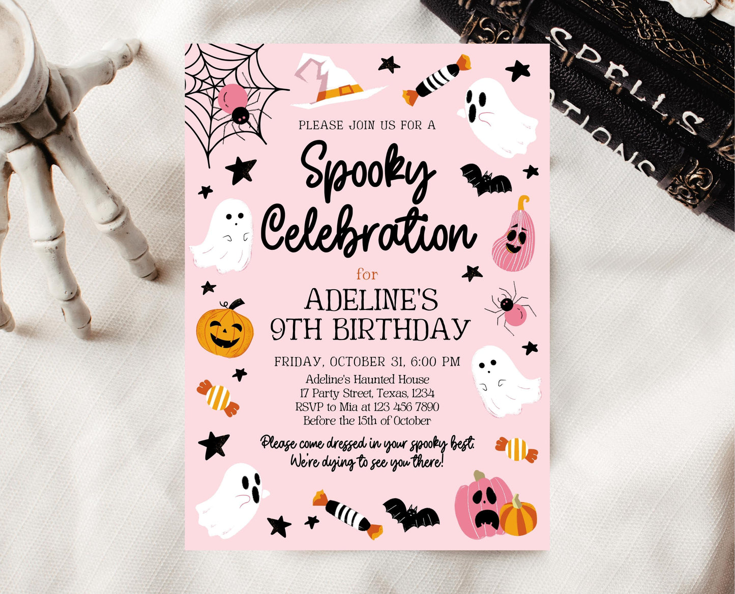 Editable Pink Halloween Birthday Invitation, Halloween Costume Party Invitation, Spooky Kids Invite, Pink Halloween Invitation Template