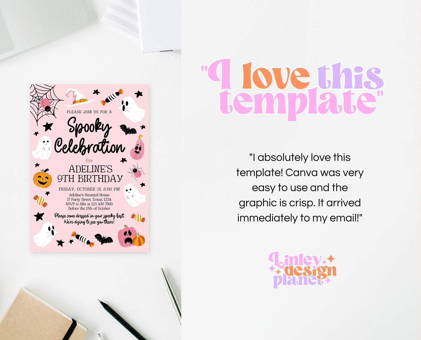 Editable Pink Halloween Birthday Invitation, Halloween Costume Party Invitation, Spooky Kids Invite, Pink Halloween Invitation Template