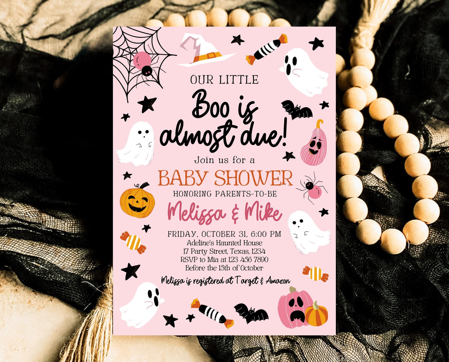 Editable Pink Halloween Baby Shower Invitation, A Little Boo Is Almost Due Baby Shower Invitation, Halloween Baby Shower Template