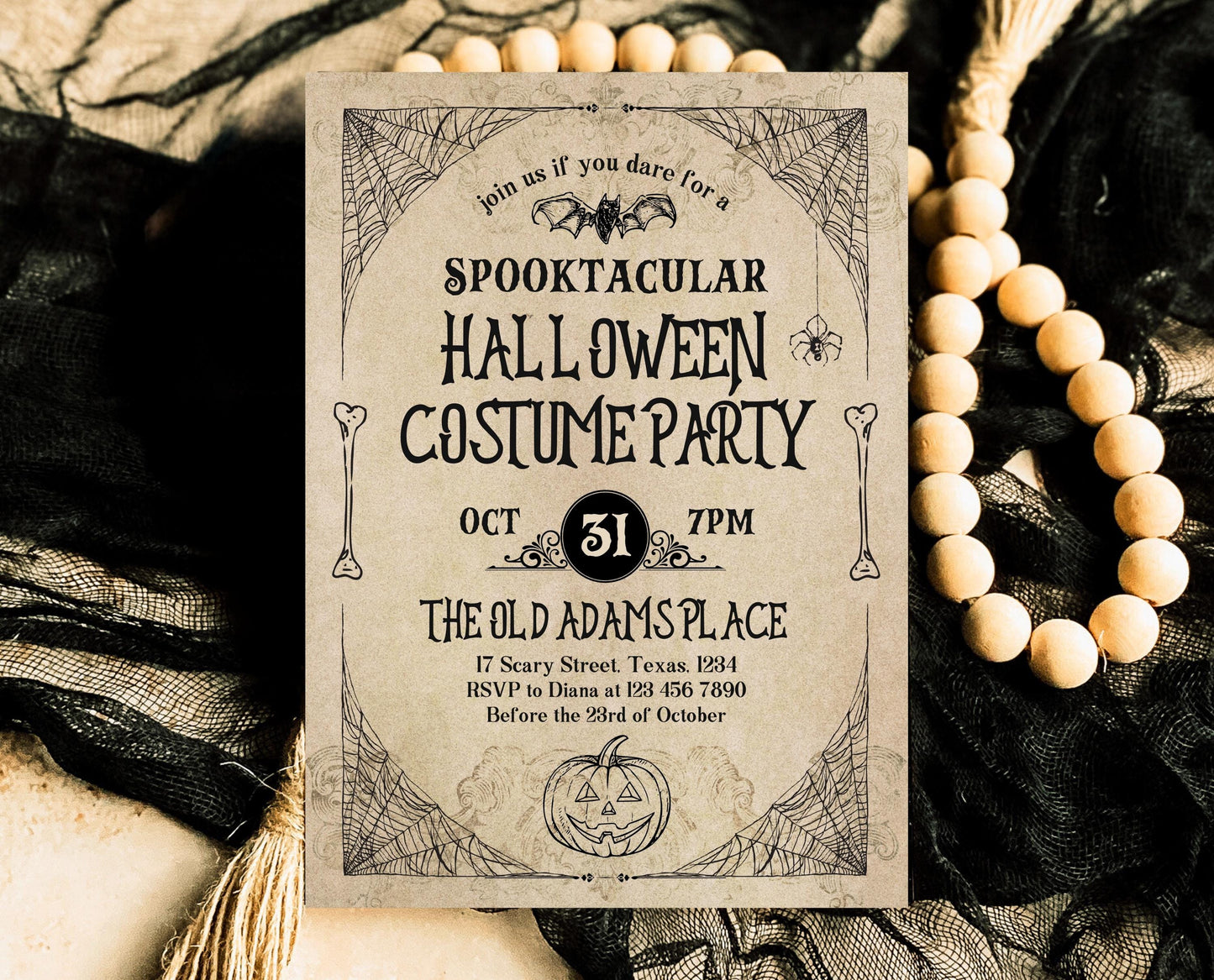 Editable Vintage Halloween Costume Party Invitation, Spooky Halloween Birthday Party, Printable Halloween Birthday Invite, Vintage Halloween