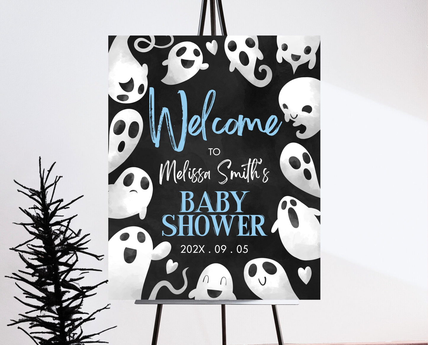 Editable Halloween Baby Shower Welcome Sign, Blue Boy Halloween Baby Shower Welcome Poster, Ghosts Little Boo Baby Shower Sign, HBSC03