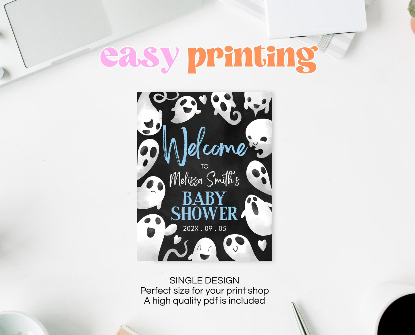 Editable Halloween Baby Shower Welcome Sign, Blue Boy Halloween Baby Shower Welcome Poster, Ghosts Little Boo Baby Shower Sign, HBSC03