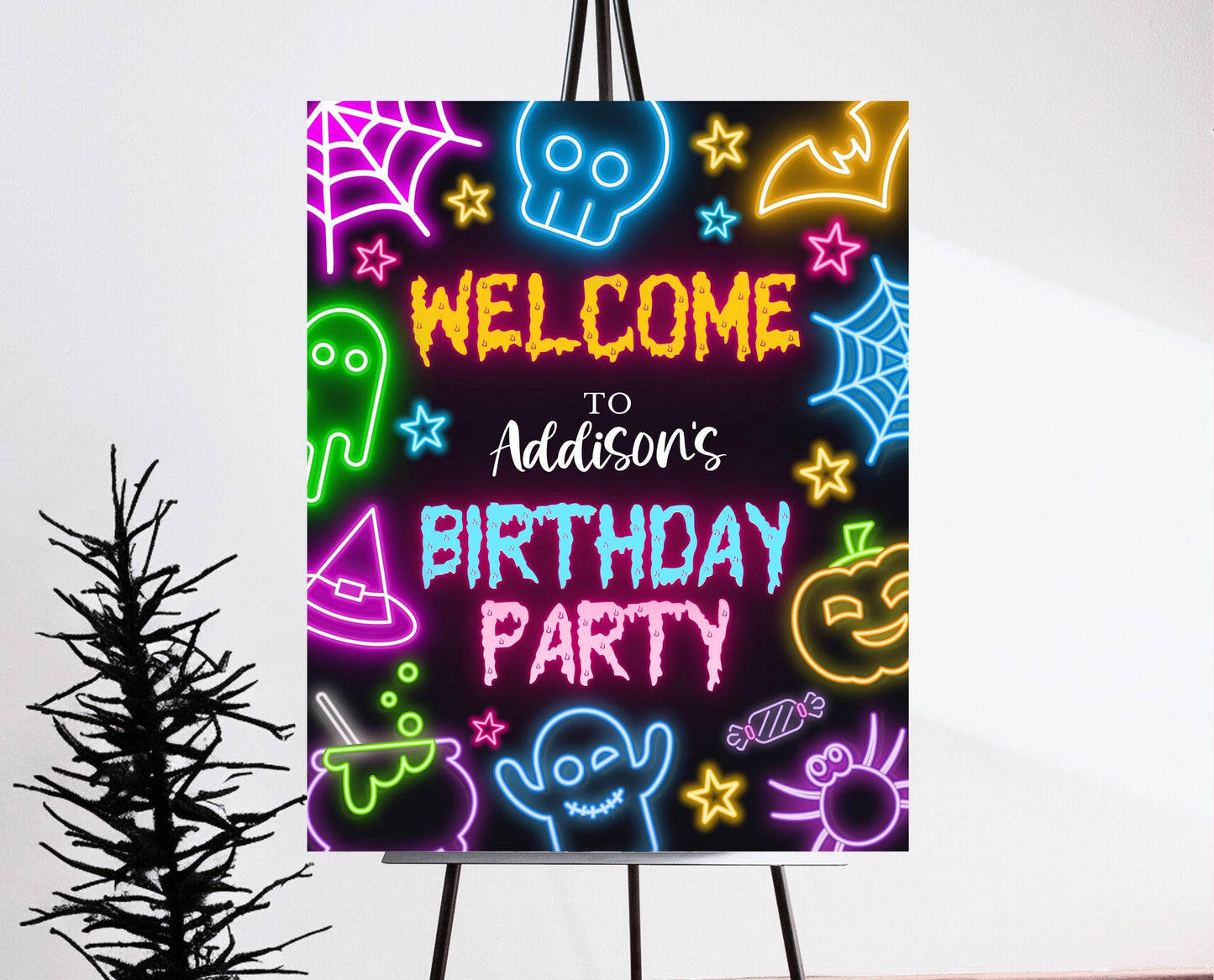 Neon Halloween Party Welcome Sign Template, Spooky Halloween Party Signs, Printable Neon Halloween Birthday Decor, Neon Halloween, NHBP01