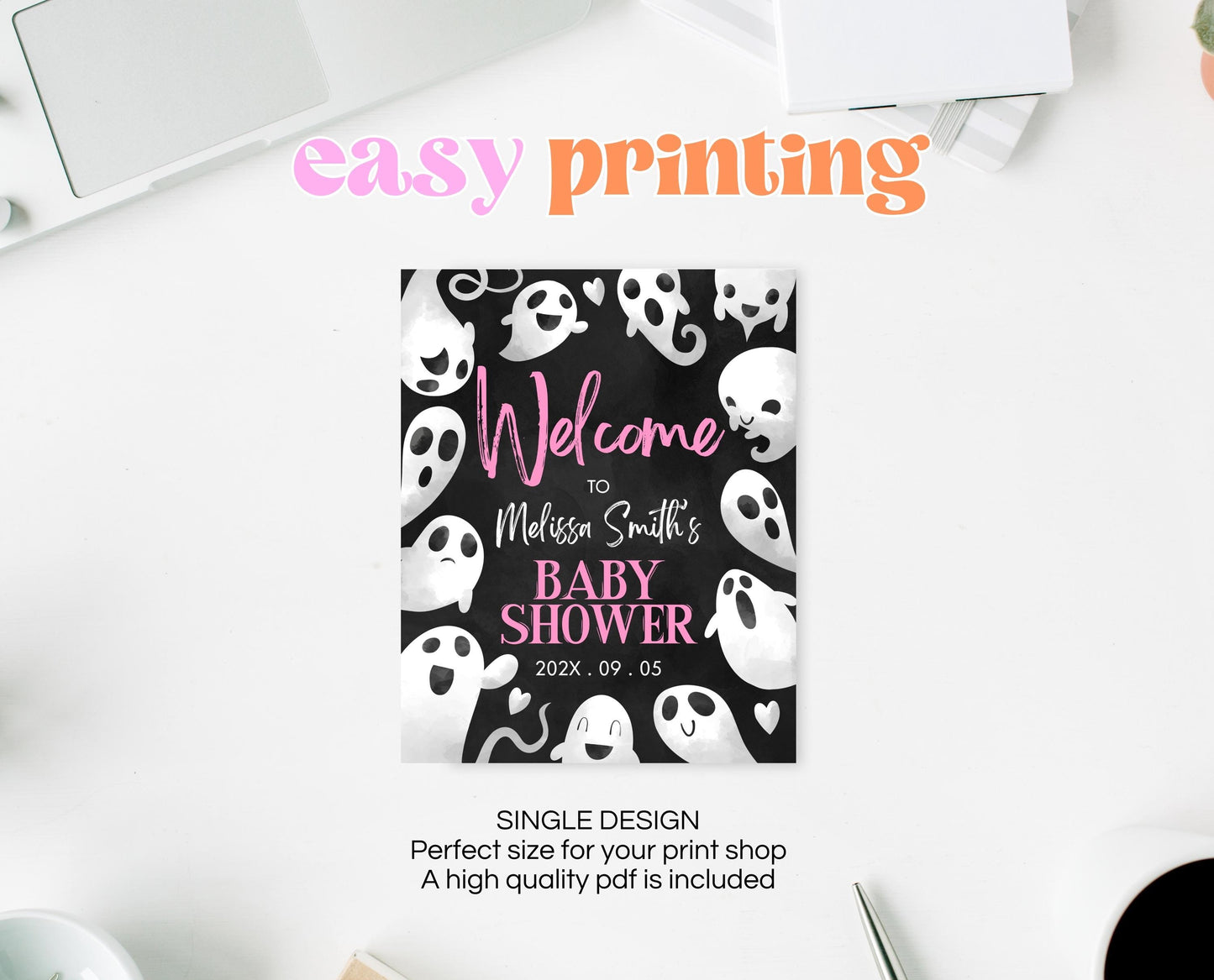 Editable Halloween Baby Shower Welcome Sign, Pink Girl Halloween Baby Shower Welcome Poster, Ghosts Little Boo Baby Shower Sign, HBSC04