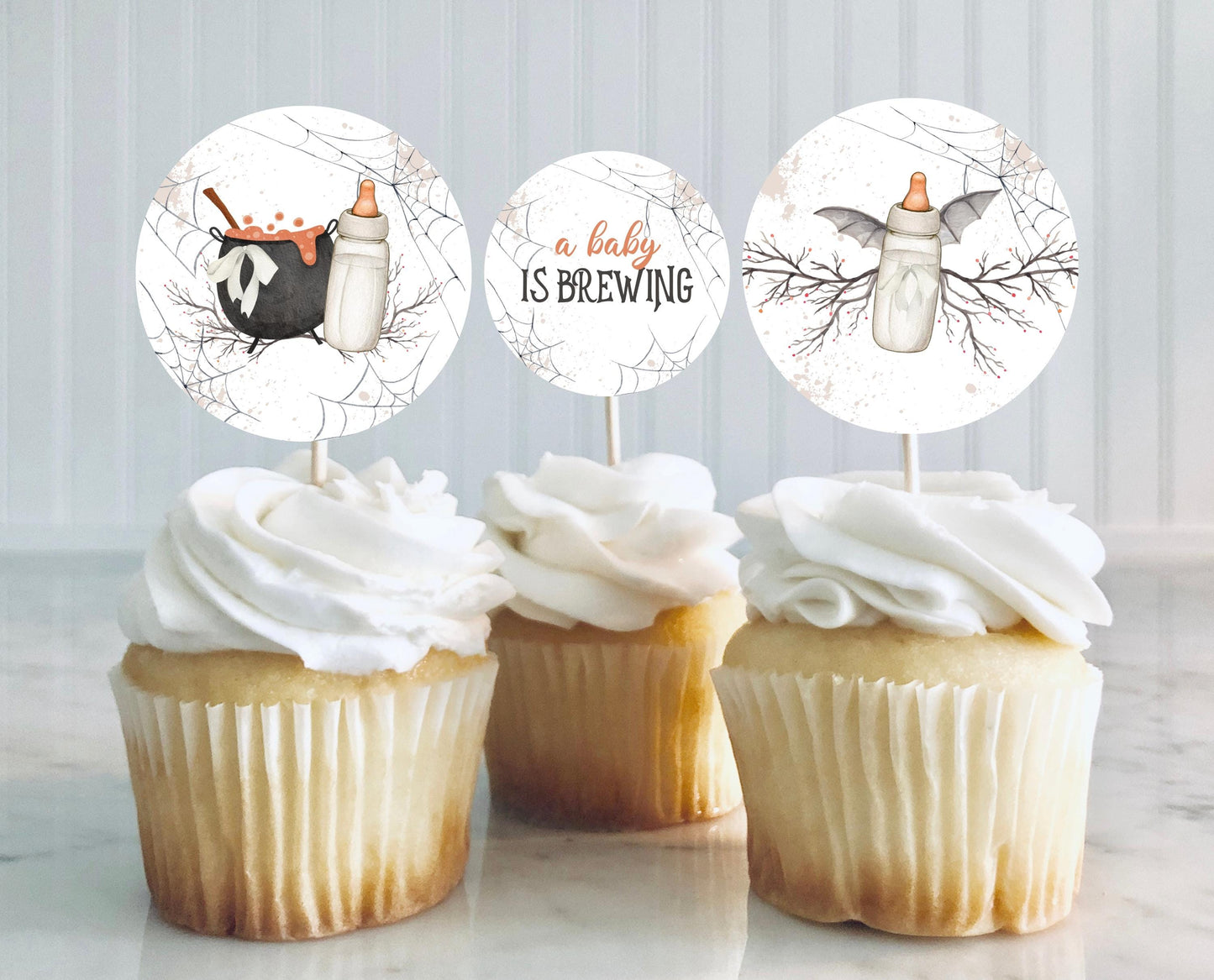Editable A Baby Is Brewing Halloween Baby Shower Cupcake Toppers, Halloween Party Decorations, A Baby Is Brewing Cupcake Toppers, HBSC01