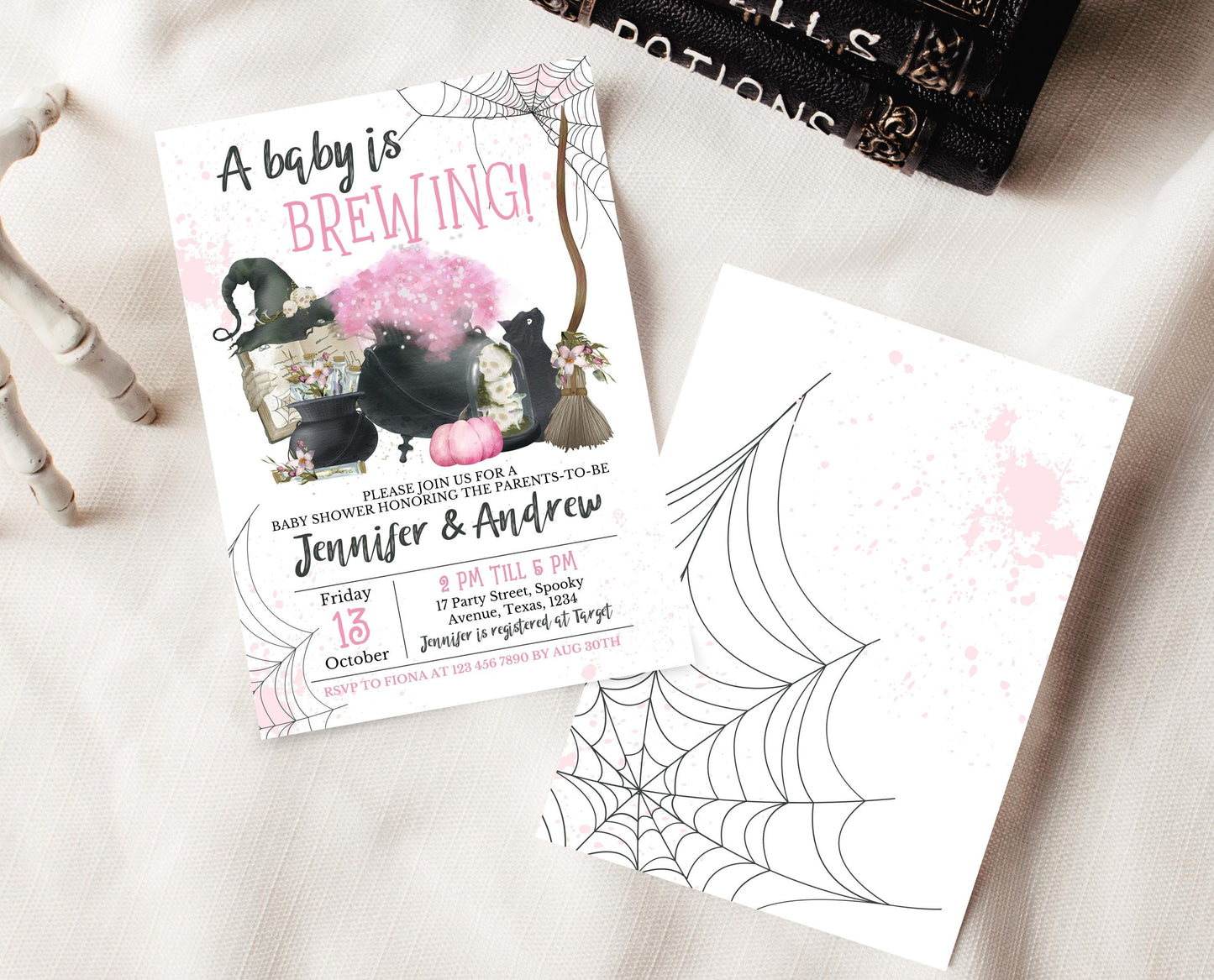 Editable A Baby Is Brewing Shower Invitation, Pink Witch Baby Shower Invitation, A Baby Girl Is Brewing Invitation, Cauldron Invite, HBSC06