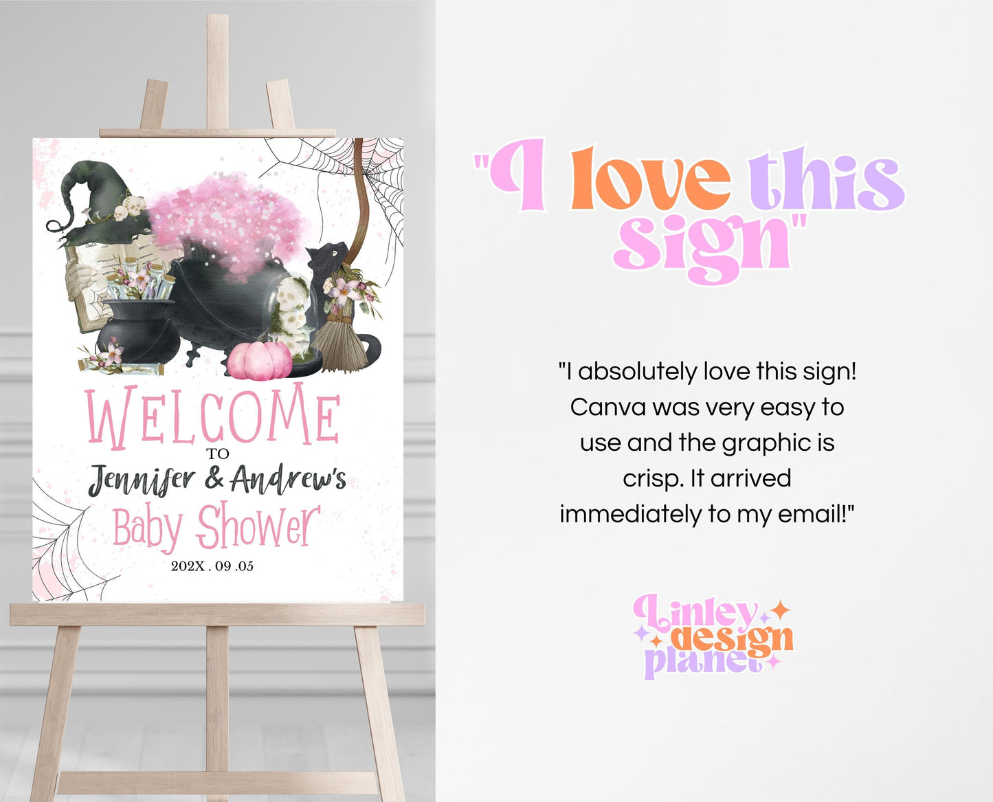 Editable Pink Witch Baby Shower Welcome Sign Template, Pink Witch Baby Shower Sign, A Baby Girl Is Brewing Decorations, Welcome Sign, HBSC06