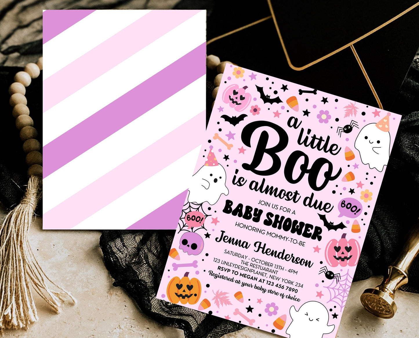 Editable Pink Halloween Baby Shower Invitation, A Little Boo Is Almost Due Baby Shower Invitation, Halloween Baby Shower Template, HBSC07