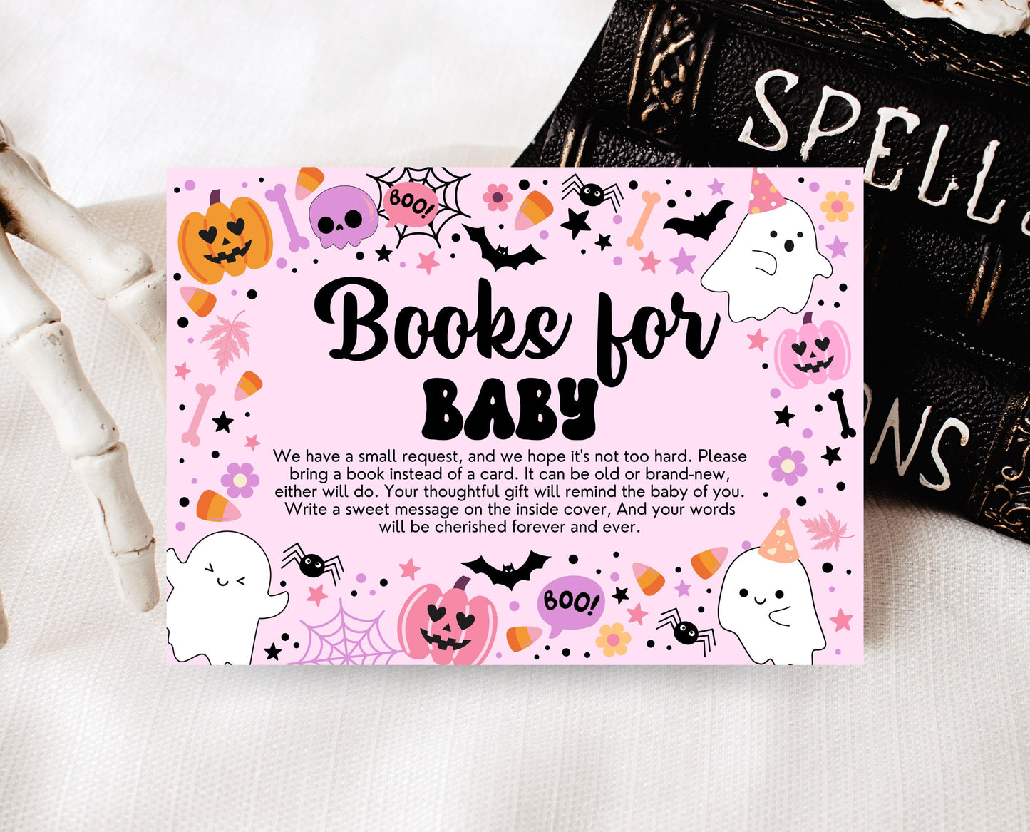 Editable A Little Boo Is Almost Due Book Insert Card Template, Pink Halloween Baby Shower Baby Books, Girl Ghost Book Request Card, HBSC07