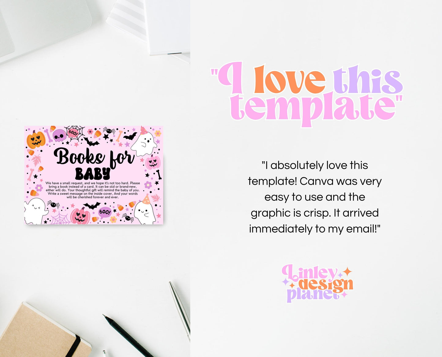 Editable A Little Boo Is Almost Due Book Insert Card Template, Pink Halloween Baby Shower Baby Books, Girl Ghost Book Request Card, HBSC07
