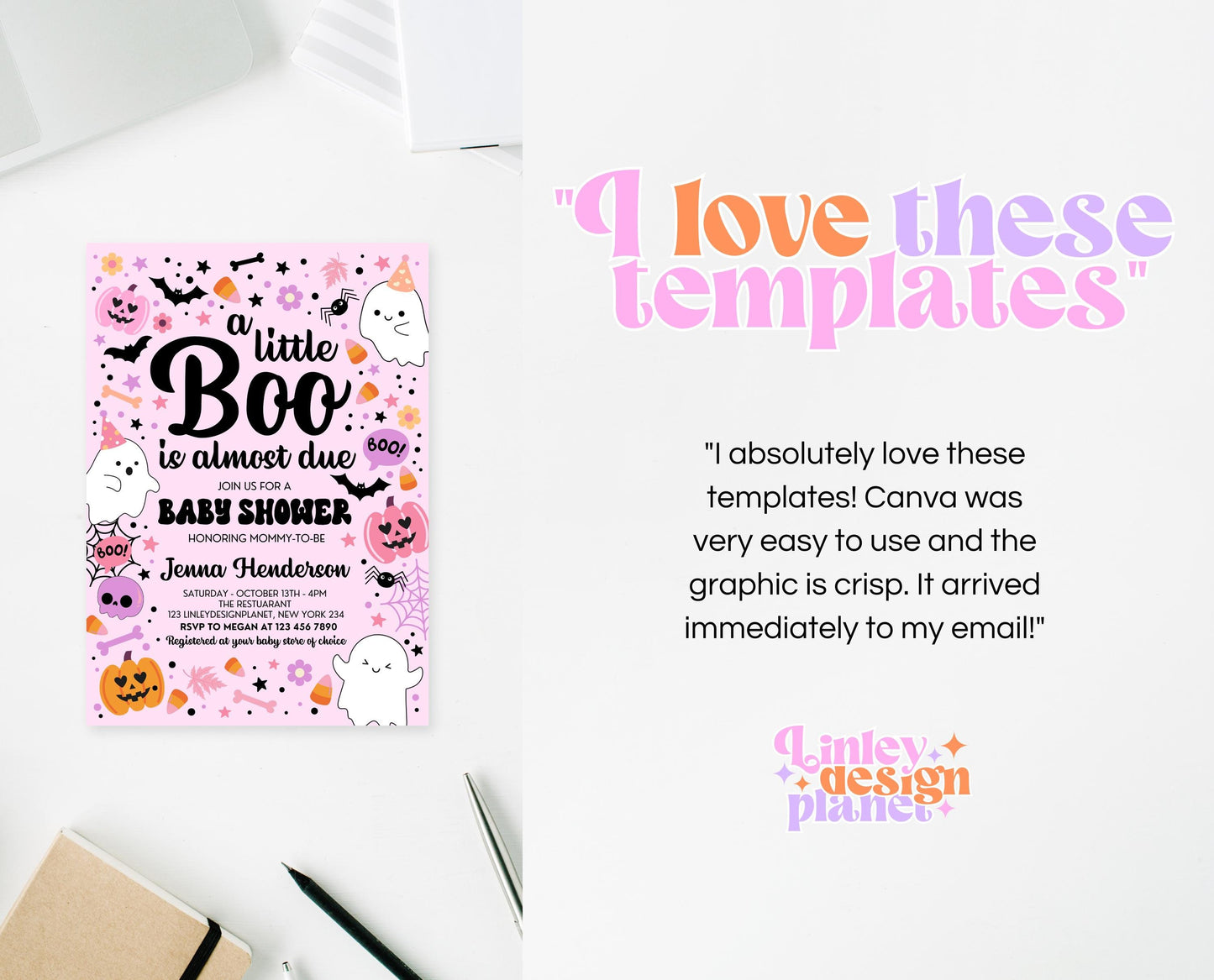 Editable A Little Boo Is Almost Due Halloween Baby Shower Invitation Bundle, Girl Halloween Baby Shower Invitation, Pink Baby Shower, HBSC07