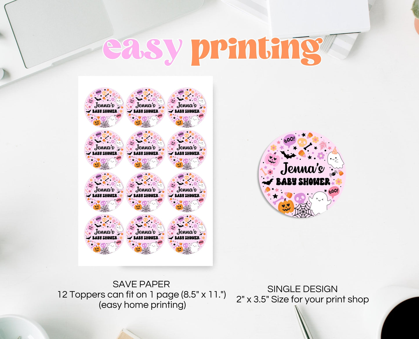 Editable A Little Boo Is Almost Due Baby Shower Cupcake Toppers, Pink Girl Baby Shower Cake Topper, Halloween Baby Shower Stickers, HBSC07