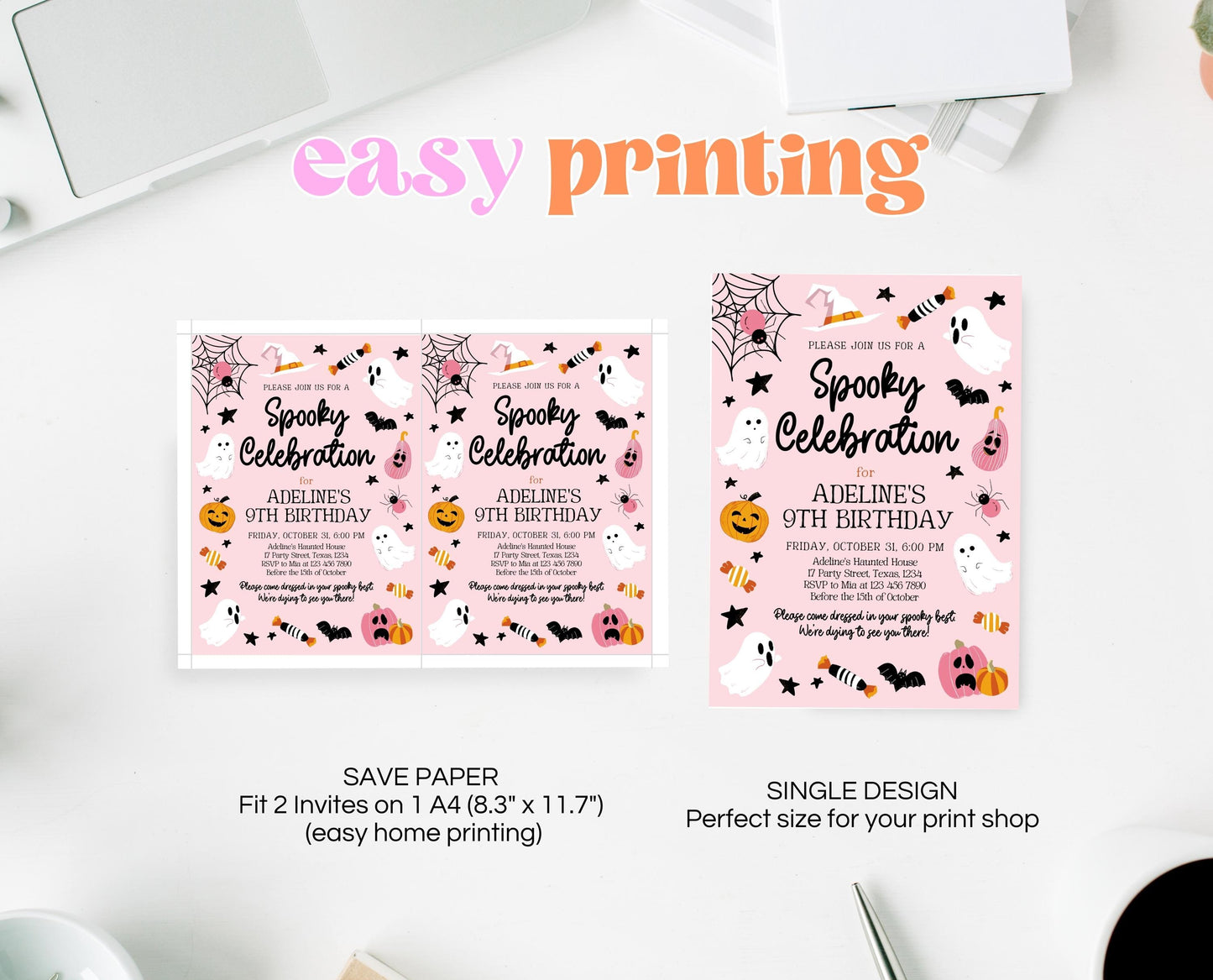 Editable Pink Halloween Birthday Invitation, Halloween Costume Party Invitation, Spooky Kids Invite, Pink Halloween Invitation Template