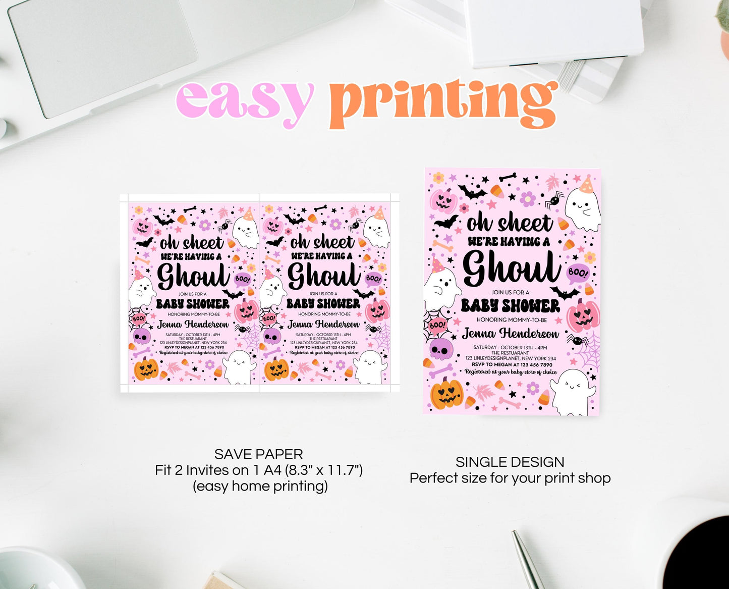 Editable Pink Halloween Baby Shower Invitation, Oh Sheet We're Having A Ghoul Baby Shower Invitation, Halloween Baby Shower Template, HBSC07
