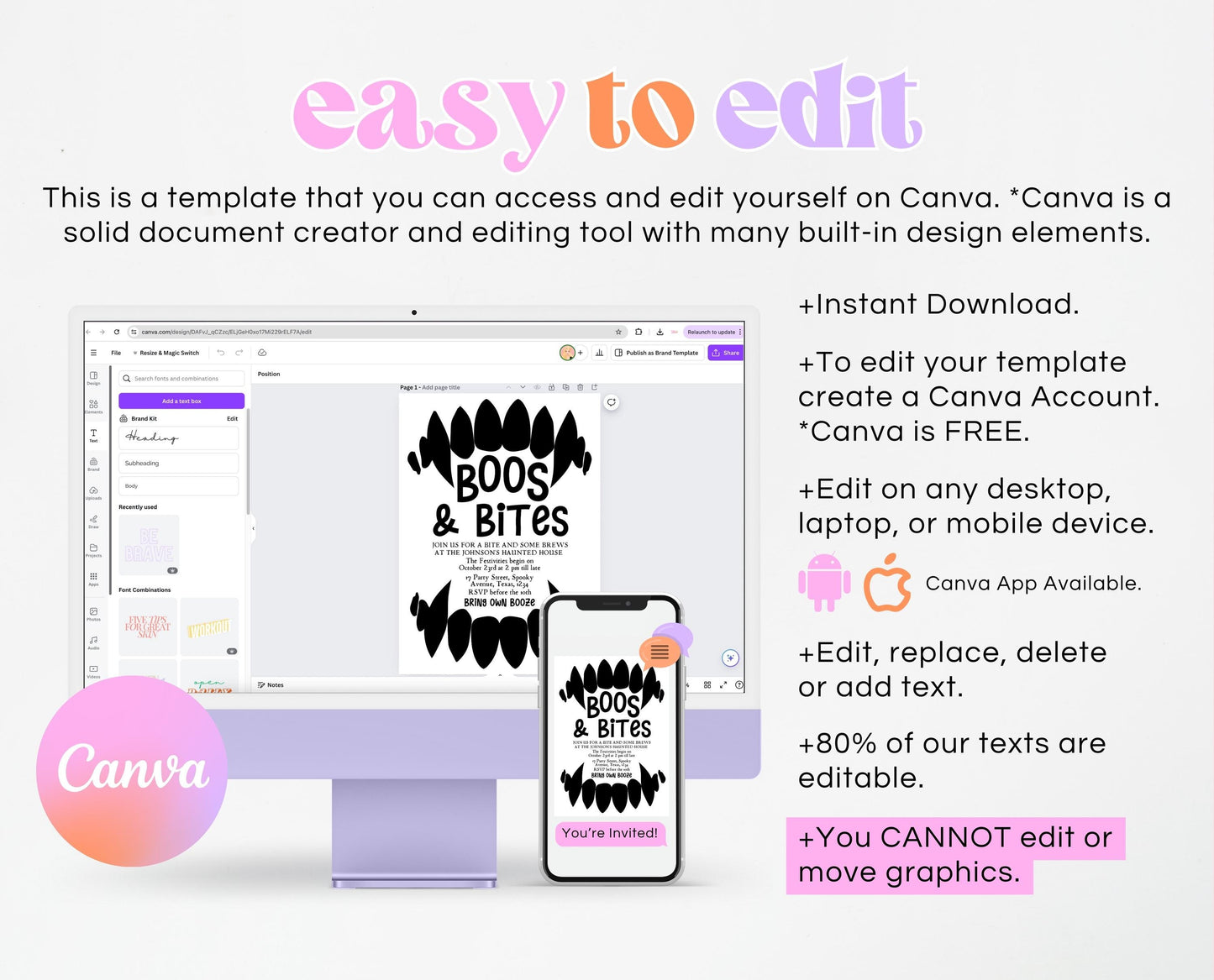 Editable Halloween Vampire Party Invitation, Halloween Booze Party Invite, Printable Halloween Costume Party Invite, Boos And Bites Invite