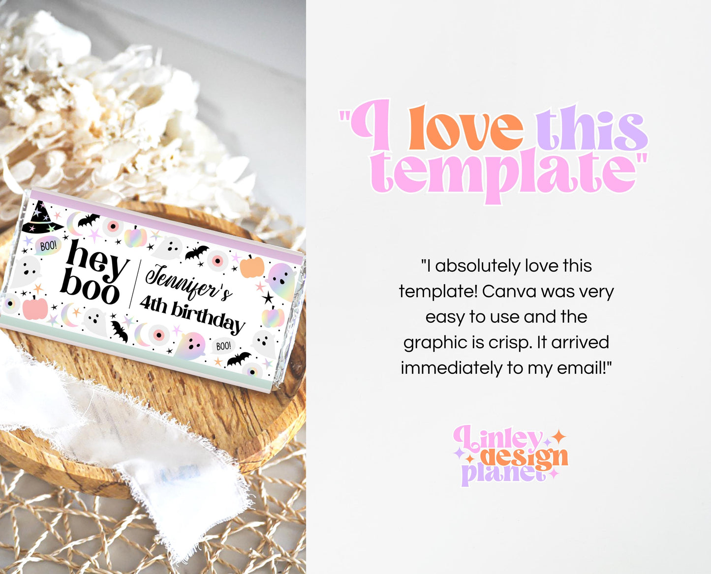 Editable Pastel Halloween Chocolate Wrapper, Holographic Halloween Candy Wrapper, Pastel Pink Chocolate Label, Template, Printable, PHBP02