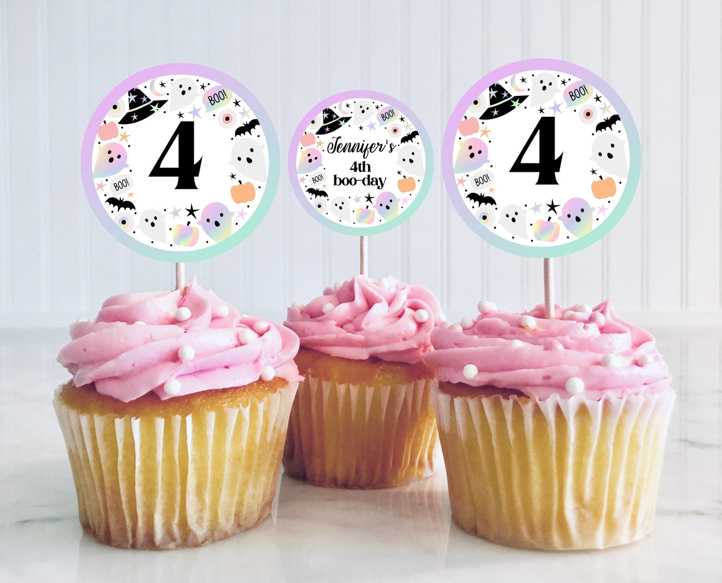 Editable Pastel Halloween Birthday Cupcake Toppers, Holographic Halloween Cake Toppers, Pastel Halloween, Template, Printable, PHBP02