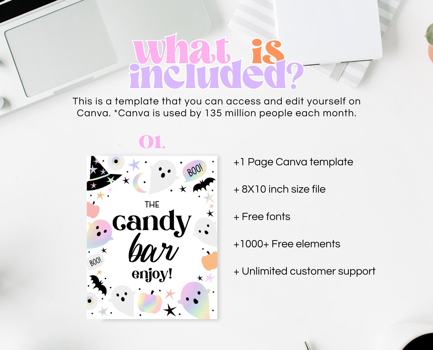 Candy Bar Sign Pastel Halloween Birthday, Holographic Halloween Sign, Candy Treat Sign, Pink And Purple Halloween Decor, Printable, PHBP02
