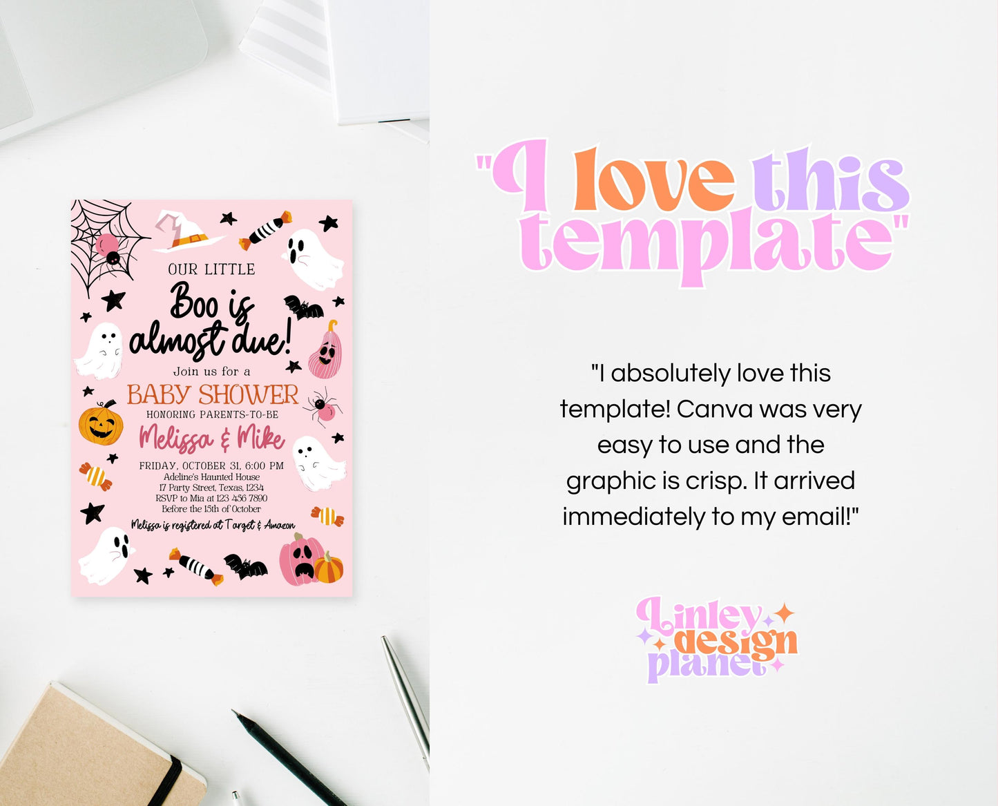 Editable Pink Halloween Baby Shower Invitation, A Little Boo Is Almost Due Baby Shower Invitation, Halloween Baby Shower Template